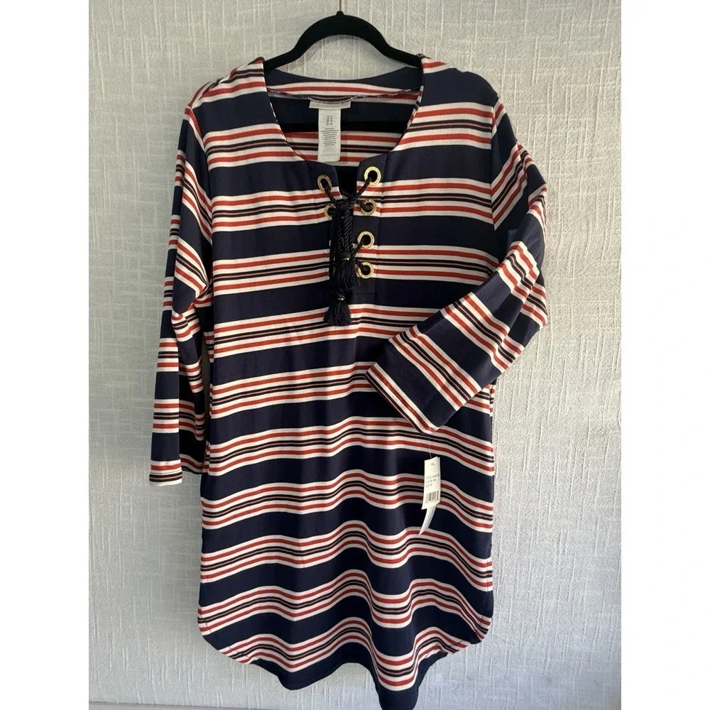 NWT La Blanca Sailor Stripe Lace-Up Cover-Up Knit Tunic/Dress L55213 Size M